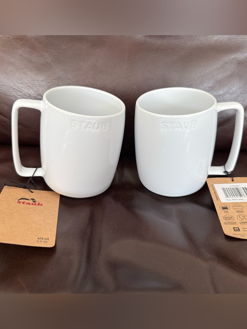 Staub White Ceramic Mugs — Pair